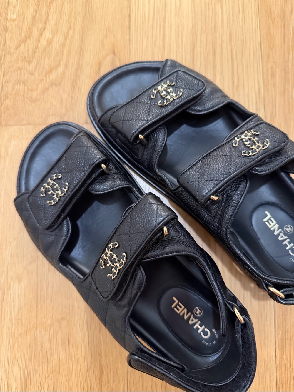 CHANEL Black Leather Double-Strap Dad Sandals with Gold CC Accents- size 37